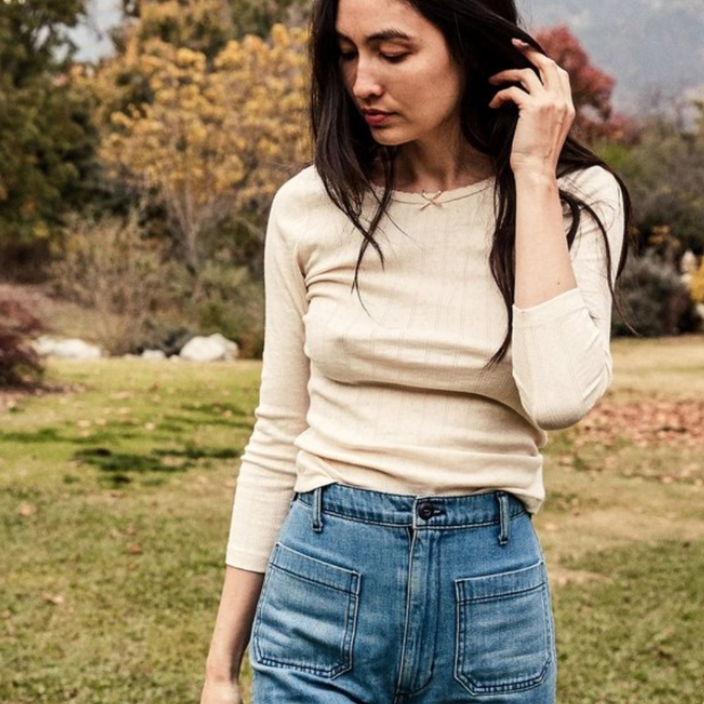 Dôen long-sleeve Annie tee in Ivory Bow Pointelle